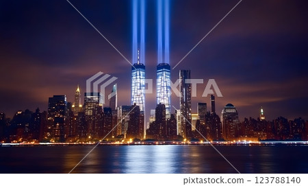 A symbolic tribute using a modern aesthetic to feature the twin towers in the New York skyline under twilight 123788140