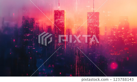 A symbolic tribute using a modern aesthetic to feature the twin towers in the New York skyline under twilight 123788143