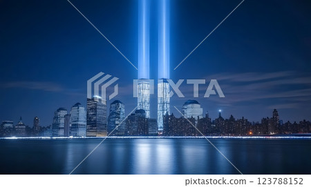 A clean and balanced depiction of the New York skyline with the twin towers, focusing on remembrance and peace 123788152