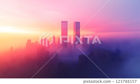 A subtle and artistic representation of the twin towers in the New York skyline with a glowing sunrise background 123788157