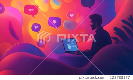 A community manager working on a laptop surrounded by social media alert bubbles in bright vector tones 123788177