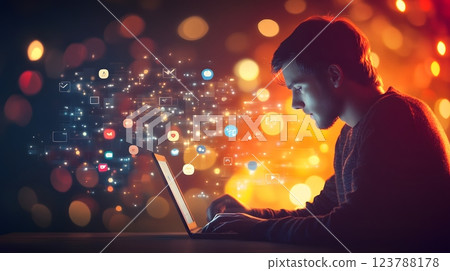 A community manager working on a laptop surrounded by social media alert bubbles in bright vector tones 123788178