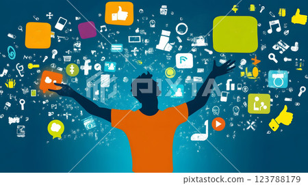 A flat vector graphic showing a community manager handling multiple social media platforms with lively icons 123788179