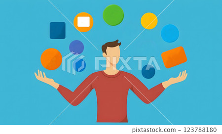 A flat vector graphic showing a community manager handling multiple social media platforms with lively icons 123788180