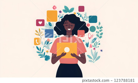 A flat vector graphic showing a community manager handling multiple social media platforms with lively icons A flat vector graphic showing a community manager handling multiple social media platforms with lively icons 123788181