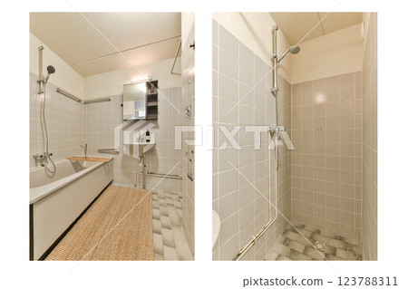 A contemporary bathroom showcasing a sleek design featuring a shower and a separate bathtub, highlighted by neutral tile colors and efficient fixtures. A contemporary bathroom showcasing a sleek design featuring a shower and a separate bathtub, highlighted by neutral tile colors and efficient fixtures. 123788311