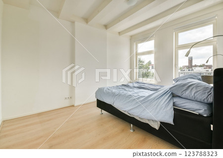 A spacious modern bedroom showcasing minimalistic design with natural light streaming through large windows, emphasizing simplicity and comfort. 123788323
