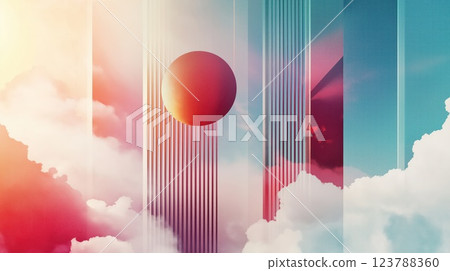 Abstract artistic image with a floating sun and vertical lines blending with pastel sky 123788360