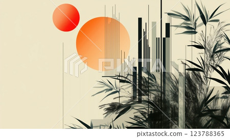 Abstract geometric cityscape with bamboo plants and sun, blending futuristic and natural elements 123788365