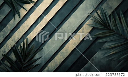 Abstract geometric background with diagonal stripes and tropical leaves 123788372