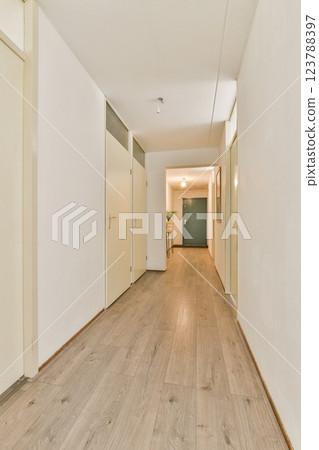 A clean and minimalistic indoor hallway showcasing wooden flooring and closed doors leading to various rooms. The space is well-lit and inviting. 123788397