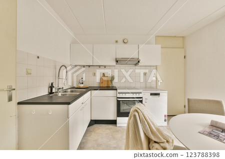 A sleek and contemporary kitchen featuring minimalist cabinetry, modern appliances, and a neutral color palette for a stylish and functional space. 123788398