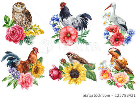 watercolor birds and flowers set nature illustration with rooster, owl, sparrow, stork, mandarin duck floral arrangement 123788421