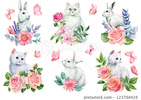 cute white rabbits and cats with pink rose and pink butterflies set. Watercolor illustration isolated white background 123788428