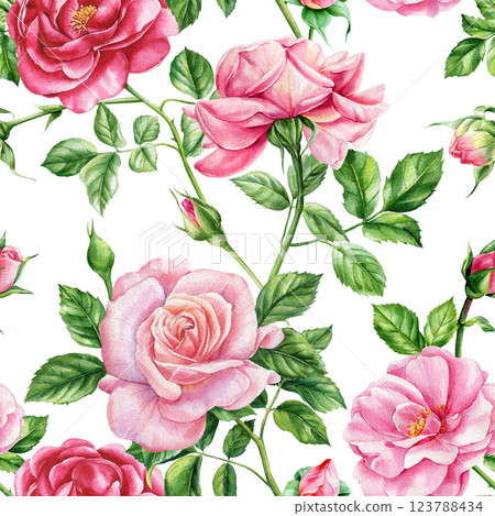 seamless pattern with pink roses flowers, bud and leaves watercolor flora background. Beautiful floral textile design seamless pattern with pink roses flowers, bud and leaves watercolor flora background. Beautiful floral textile design 123788434