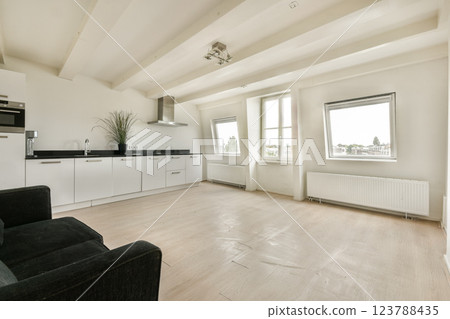 A spacious, light-filled room featuring modern furniture and minimal decor, highlighting clean lines and simplicity in design. A spacious, light-filled room featuring modern furniture and minimal decor, highlighting clean lines and simplicity in design. 123788435