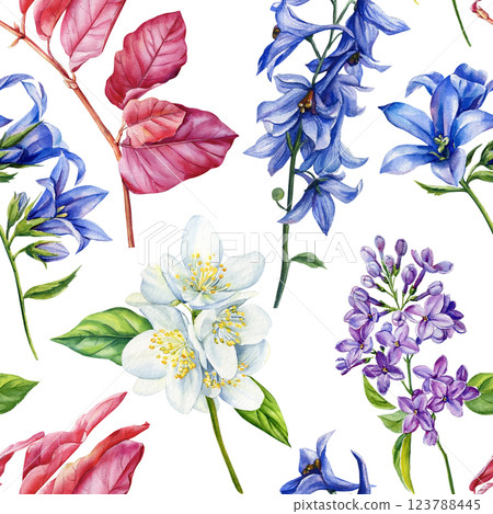 Seamless pattern with Watercolor Hand Painted Wildflowers, Roses, Lilacs, Jasmine, bluebells. Botanical Blooms Design 123788445