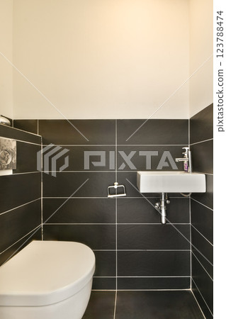A sleek and contemporary bathroom featuring a stylish toilet and minimalist sink. The contrasting black and white tiles create a chic atmosphere for relaxation. 123788474