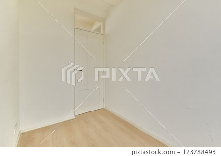 A spacious, minimalist room showcasing a plain wall and a white door. The light wooden floor enhances the simplicity and calm atmosphere of the space. A spacious, minimalist room showcasing a plain wall and a white door. The light wooden floor enhances the simplicity and calm atmosphere of the space. 123788493