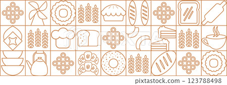 Abstract bakery menu background with line drawing. Geometric pattern Bauhaus bread, croissant, donut. Bakery line pattern. 123788498