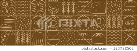 Abstract bakery menu background with line drawing. Geometric pattern Bauhaus bread, croissant, donut. Bakery line pattern. 123788502