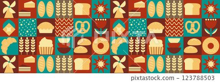 Abstract bakery menu background with line drawing. Geometric pattern Bauhaus bread, croissant, donut. Bakery line pattern. 123788503