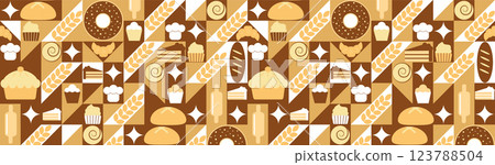 Abstract bakery menu background with line drawing. Geometric pattern Bauhaus bread, croissant, donut. Bakery line pattern. 123788504