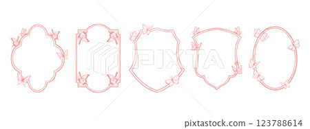 Butterly frame wedding set, hand drawn shield line collection, spring doodle monarch vector border. 123788614