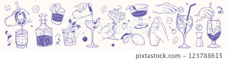 Cocktail doodle icon set, vector hand drawn bartender hand illustration, drink making tools, shaker. Cocktail doodle icon set, vector hand drawn bartender hand illustration, drink making tools, shaker. 123788615