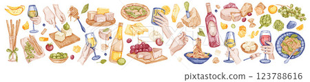 Italian food collection, dinner eatery vector watercolor illustration set, tasty pizza, pasta cheese Italian food collection, dinner eatery vector watercolor illustration set, tasty pizza, pasta cheese 123788616