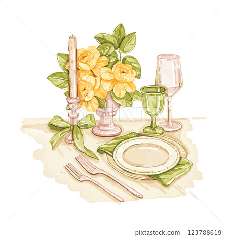 Served table watercolor illustration, vector wedding invitation design, vintage anniversary card.  123788619