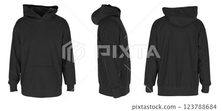 Men's Black Oversized Hoodie Mockup - Front, Side, Back View 3D Render 123788684