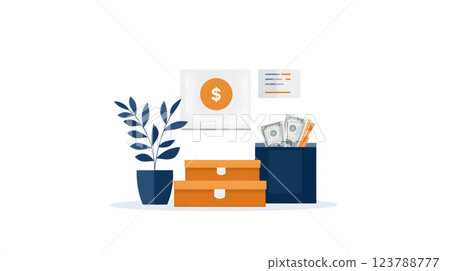 Flat vector banking services concept with safe, cash, and financial tools Flat vector banking services concept with safe, cash, and financial tools 123788777