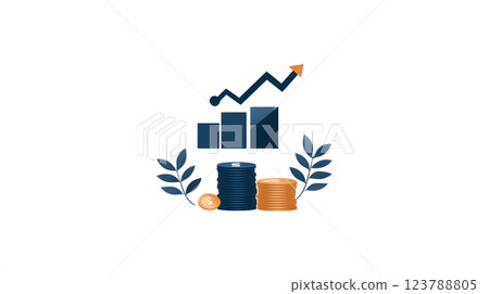 Flat vector finance logo featuring a stack of coins and a growth graph 123788805