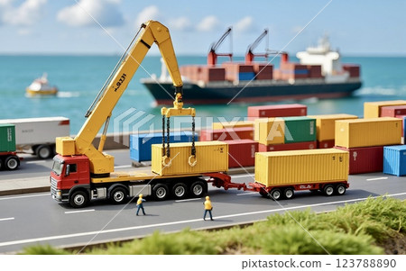 Miniature port logistics scene | Cranes and containers Miniature port logistics scene | Cranes and containers 123788890