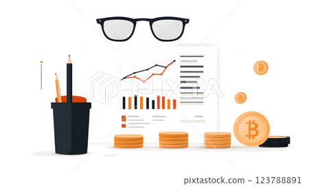 Flat vector finance background with colorful graphs and coins Flat vector finance background with colorful graphs and coins 123788891