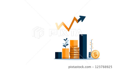 Flat vector finance icon showing a stack of coins with an upward arrow 123788925
