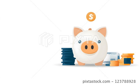 Flat vector finance icon of a piggy bank with a coin dropping in Flat vector finance icon of a piggy bank with a coin dropping in 123788928
