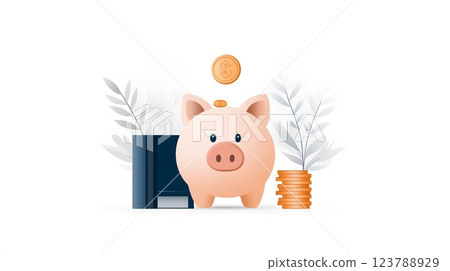 Flat vector finance icon of a piggy bank with a coin dropping in 123788929