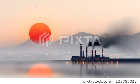 Flat vector illustration of a bright sun obscured by thick industrial smog 123789022