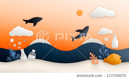 Flat vector illustration of marine animals affected by plastic pollution in the ocean 123789076