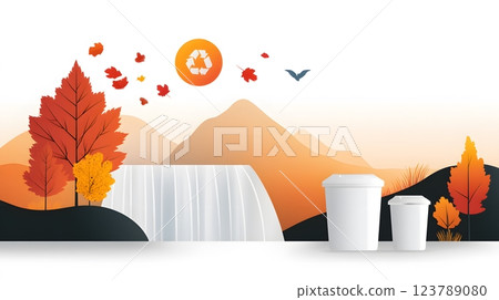 Flat vector illustration of a polluted waterfall with debris and waste floating downstream 123789080