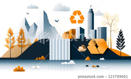 Flat vector illustration of a polluted waterfall with debris and waste floating downstream 123789081