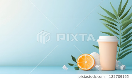 Flat vector illustration of a turtle with plastic waste in its environment 123789165