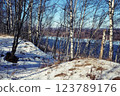 Spring landscape: view of the river, birches on the hills and snow 123789176