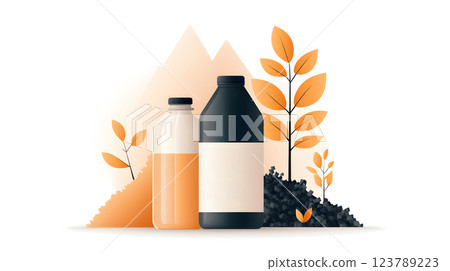 Flat vector illustration of icons representing land pollution like discarded bottles, plastics, and waste piles 123789223