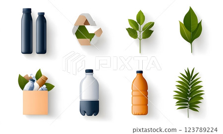 Flat vector illustration of icons representing land pollution like discarded bottles, plastics, and waste piles 123789224