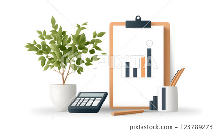 Flat vector financial planning scene with a clipboard, calculator, and bar charts Flat vector financial planning scene with a clipboard, calculator, and bar charts 123789273
