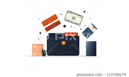 Flat vector illustration of a wallet with credit cards and cash emerging 123789274