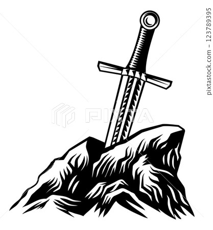 Excalibur Sword in the Stone Illustration Excalibur Sword in the Stone Illustration 123789395
